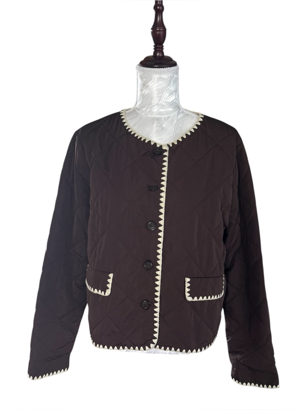 WAYF Women's Chocolate Brown Quilted Jacket with Ivory Whipstitch Trim